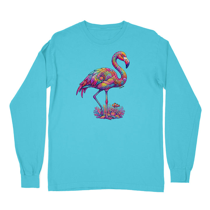 Turquoise long-sleeve shirt with a colorful flamingo design on a white background