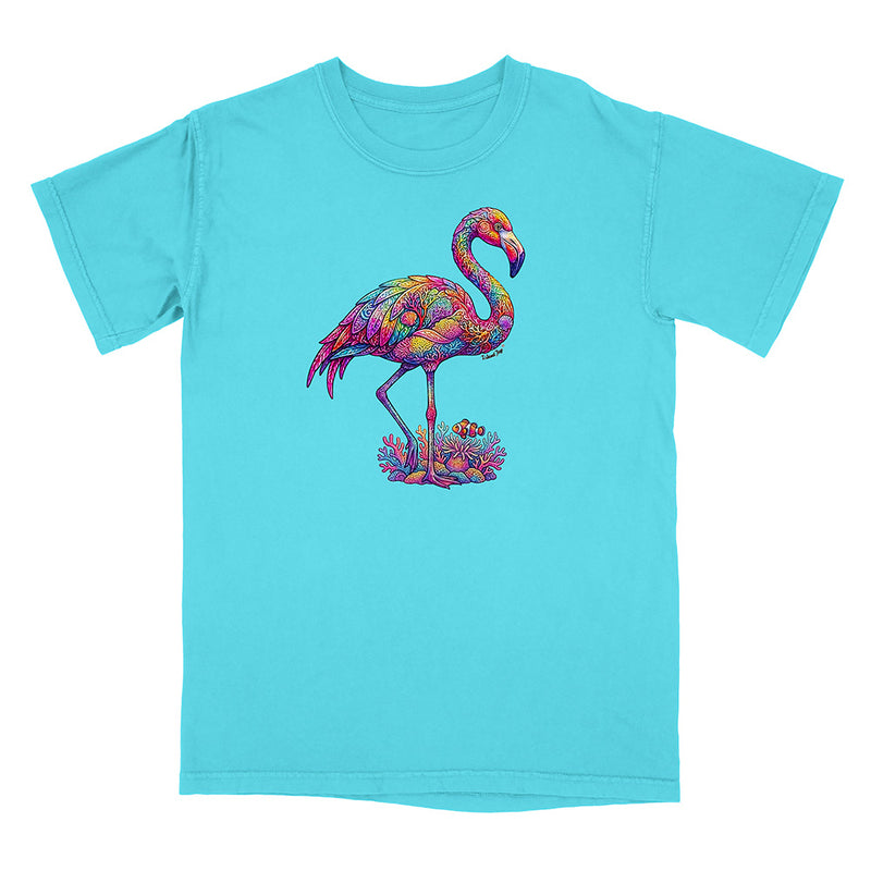 Turquoise t-shirt with a colorful flamingo design on a white background