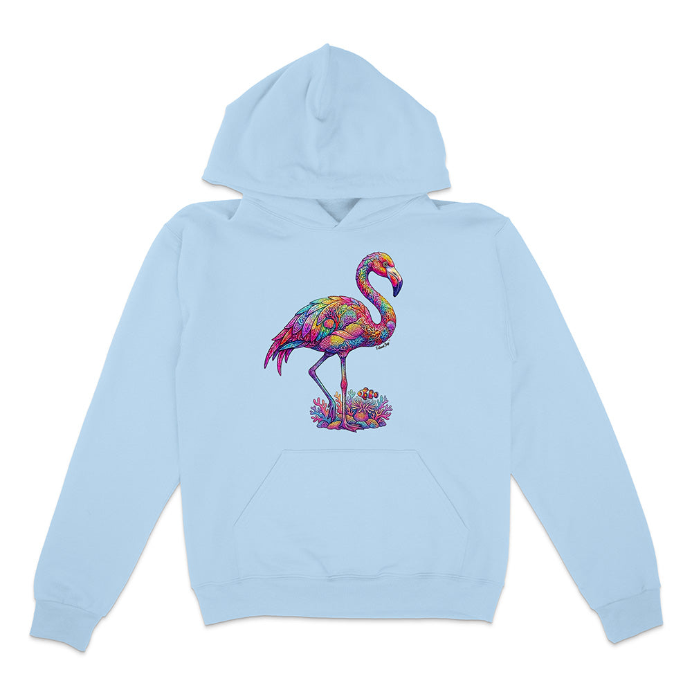 Light blue hoodie with a colorful flamingo design on a white background