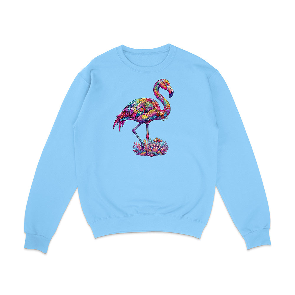 Light blue sweatshirt with a colorful flamingo design on a white background
