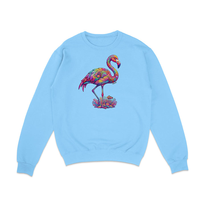 Light blue sweatshirt with a colorful flamingo design on a white background