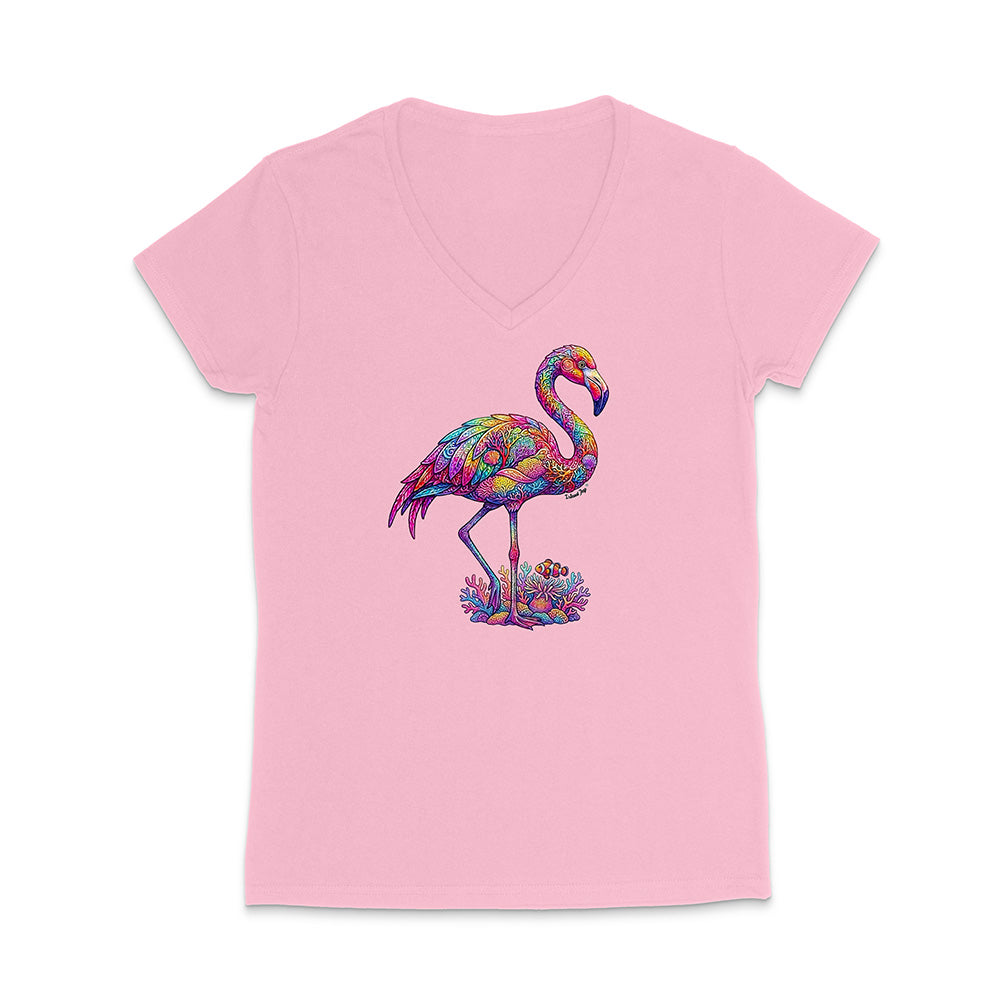 Pink t-shirt with a colorful flamingo design on a white background