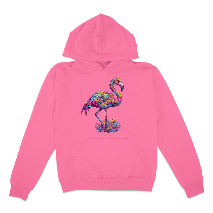 Pink hoodie with a colorful flamingo design on a white background
