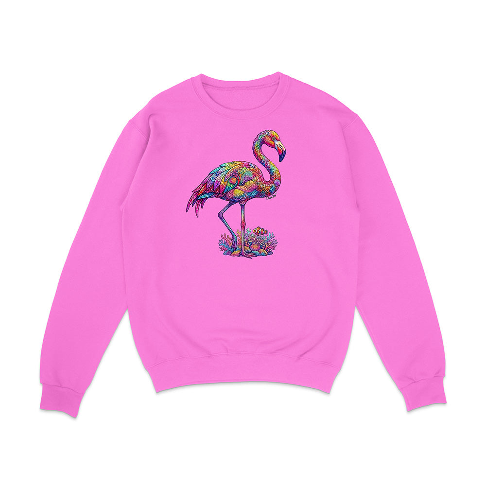 Pink sweatshirt with a colorful flamingo design on a white background