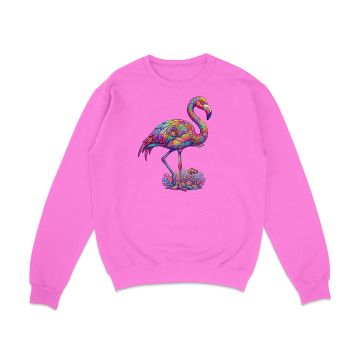 Pink sweatshirt with a colorful flamingo design on a white background