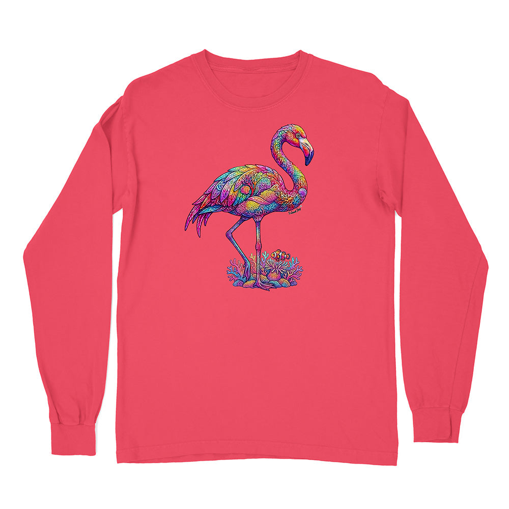 Red long-sleeve shirt with a colorful flamingo design on a white background