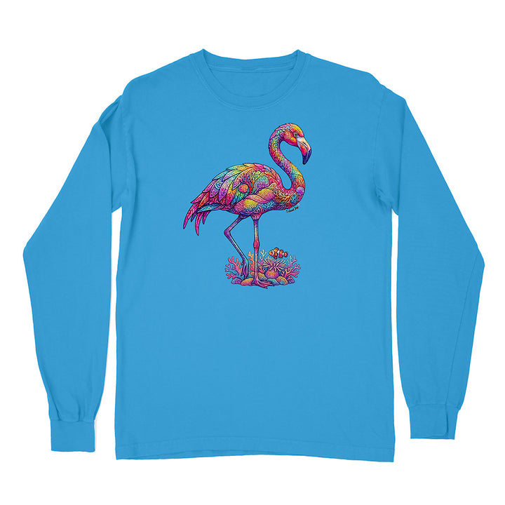 Blue long-sleeve shirt with a colorful flamingo design on a white background
