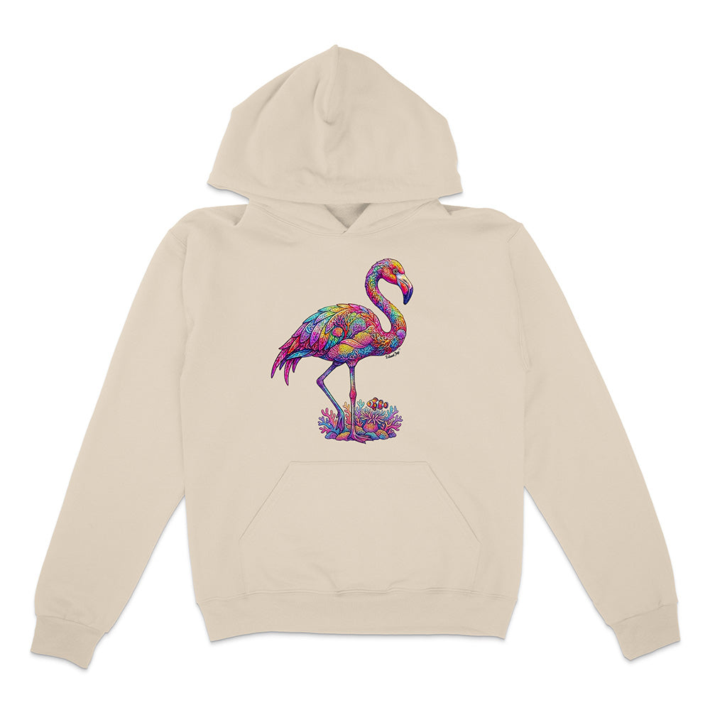Beige hoodie with a colorful flamingo design on a white background