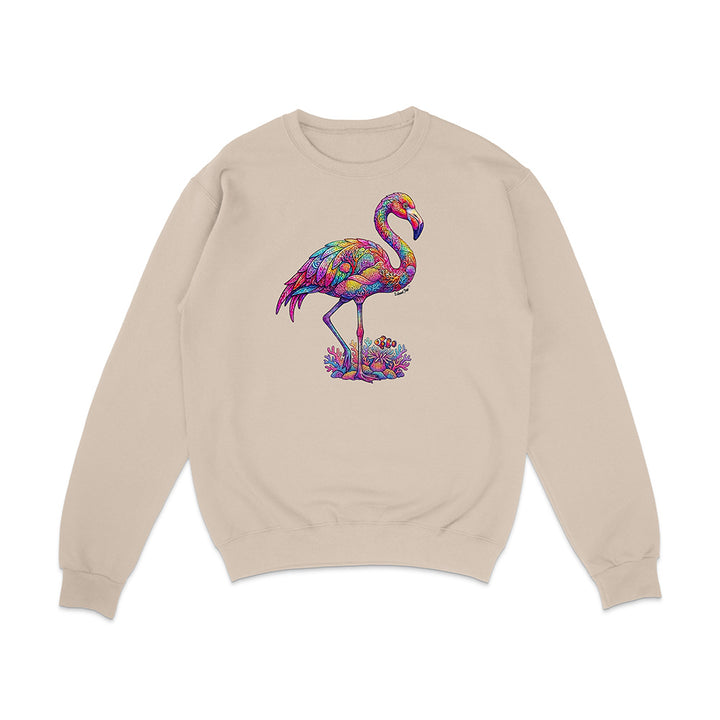 Beige sweatshirt with a colorful flamingo design on a white background