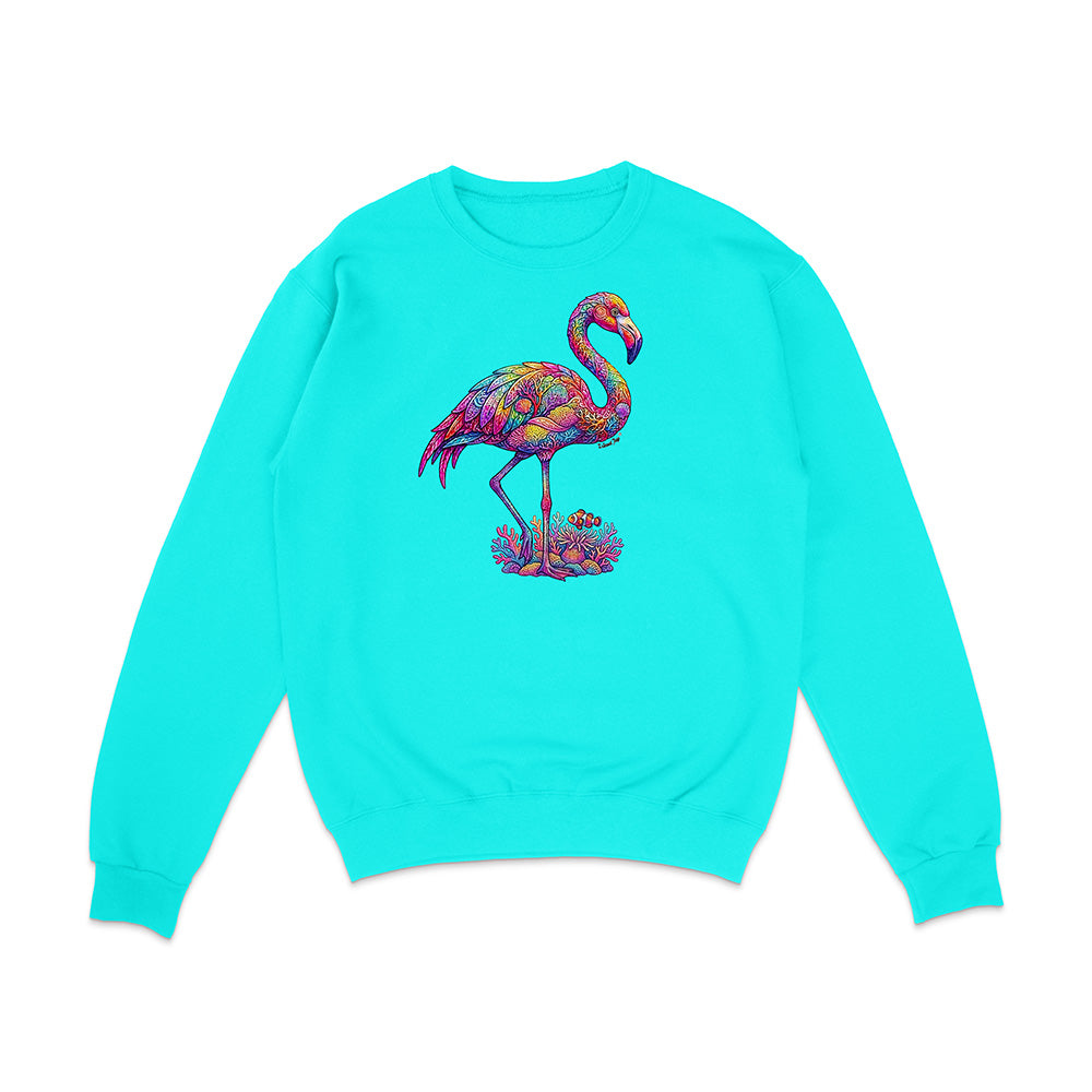Turquoise sweatshirt with a colorful flamingo design on a white background
