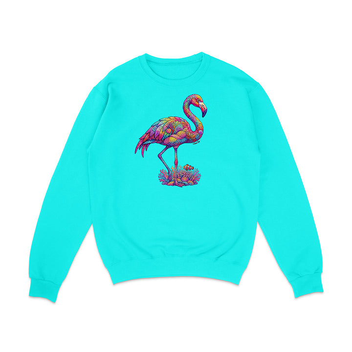 Turquoise sweatshirt with a colorful flamingo design on a white background