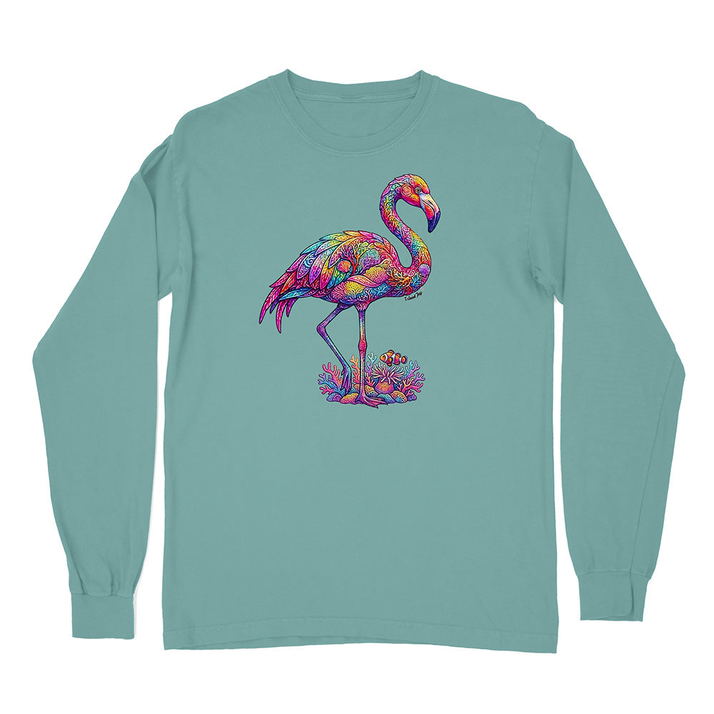 Teal long-sleeve shirt with a colorful flamingo design on a white background