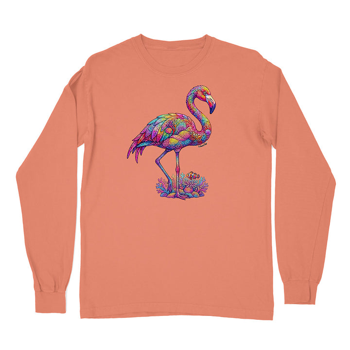 Long-sleeve shirt with a colorful flamingo design on a white background