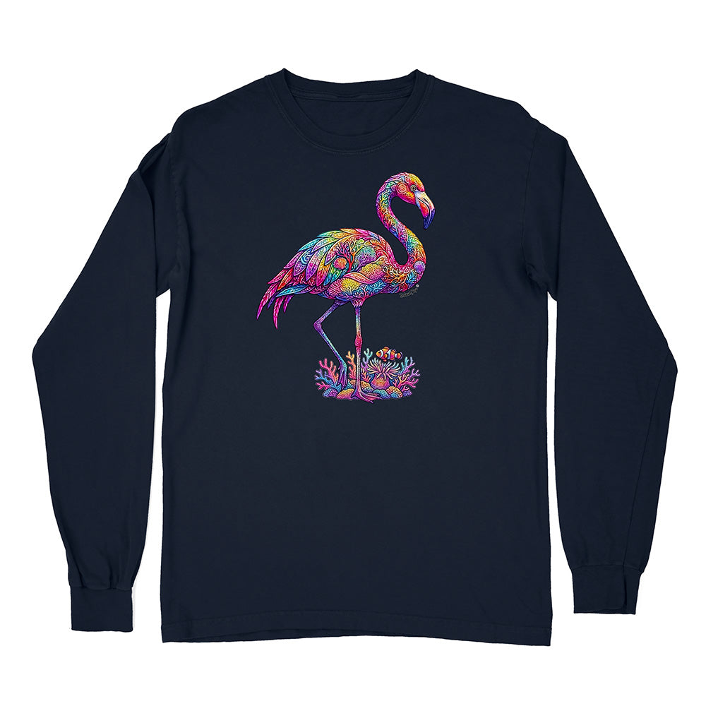 Navy long-sleeve shirt with a colorful flamingo design on a white background