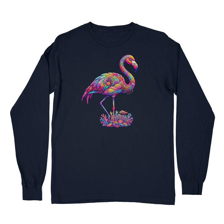 Navy long-sleeve shirt with a colorful flamingo design on a white background