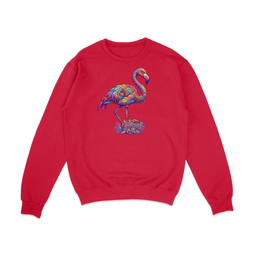 Red sweatshirt with a colorful flamingo design on a white background