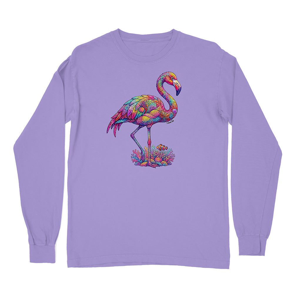 Purple long-sleeve shirt with a colorful flamingo design on a white background