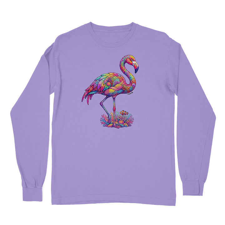 Purple long-sleeve shirt with a colorful flamingo design on a white background