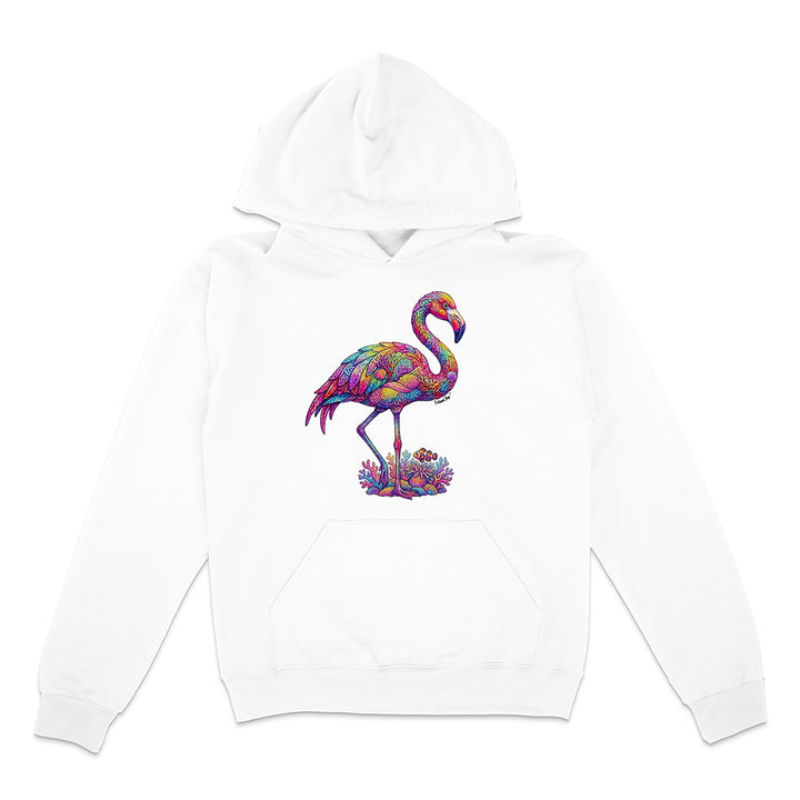 White hoodie with a colorful flamingo design on a white background