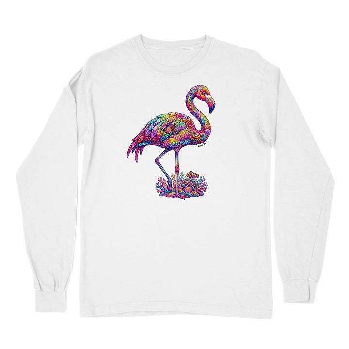 White long-sleeve shirt with a colorful flamingo design on a white background