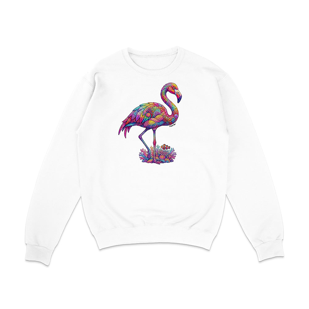 White sweatshirt with a colorful flamingo design on a white background