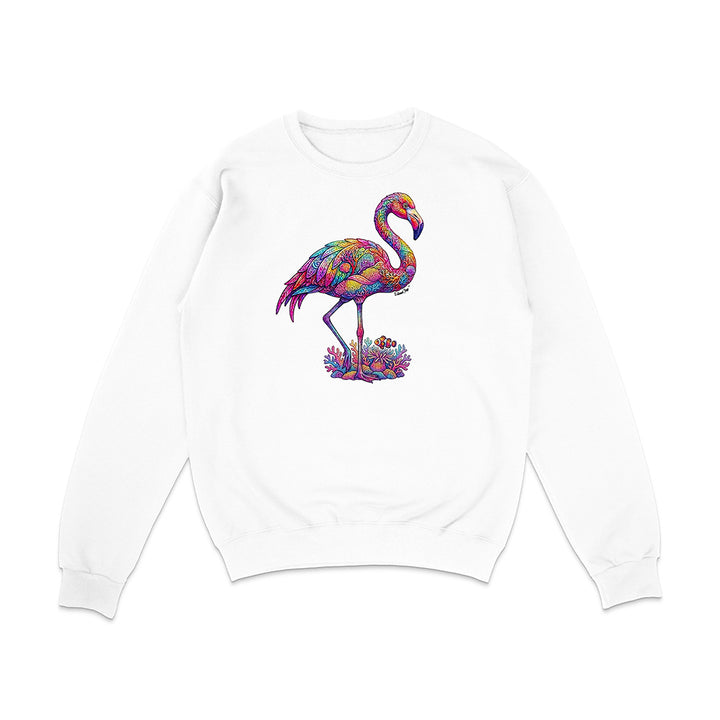 White sweatshirt with a colorful flamingo design on a white background