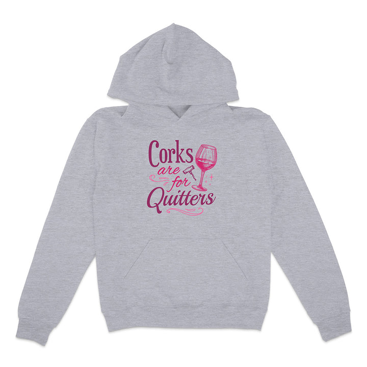 Gray hoodie with pink text and wine glass graphic on a white background