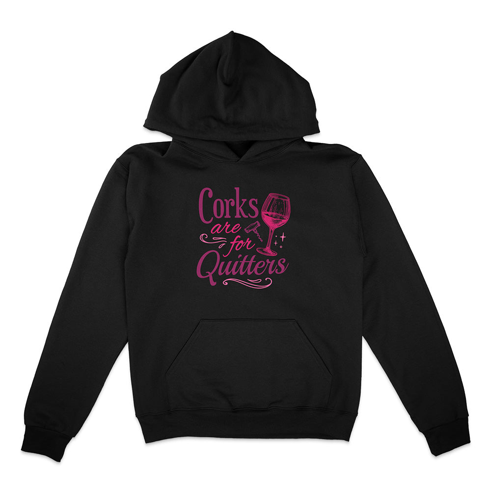 Black hoodie with pink text and wine glass graphic on a white background