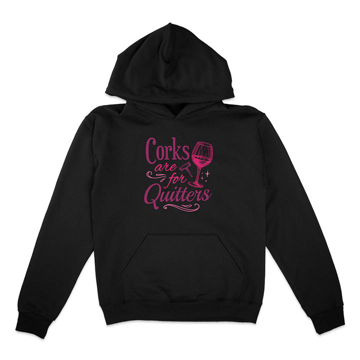 Black hoodie with pink text and wine glass graphic on a white background