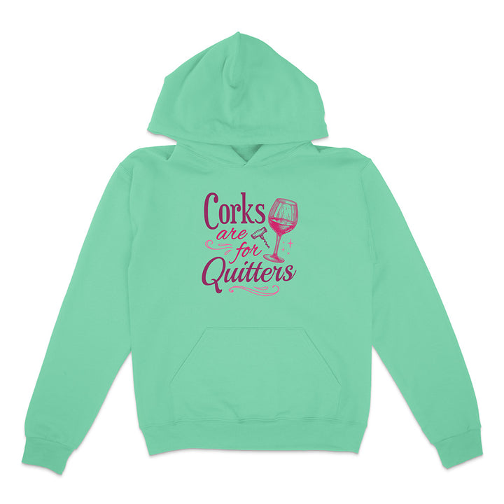 Mint green hoodie with pink text and wine glass graphic on a white background