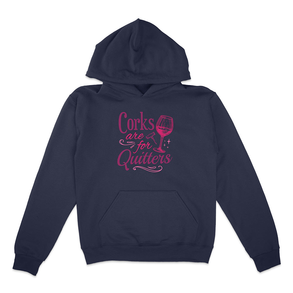 Navy blue hoodie with pink text and wine glass graphic on a white background