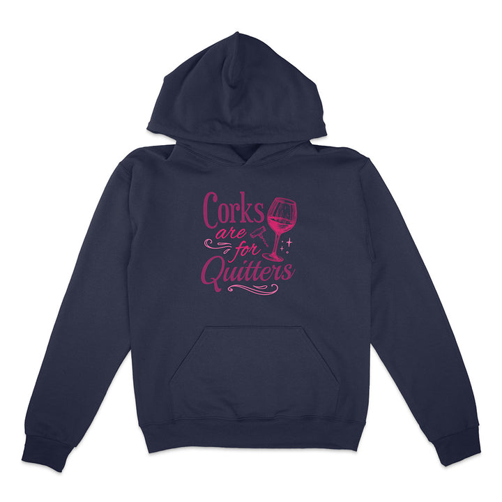 Navy blue hoodie with pink text and wine glass graphic on a white background