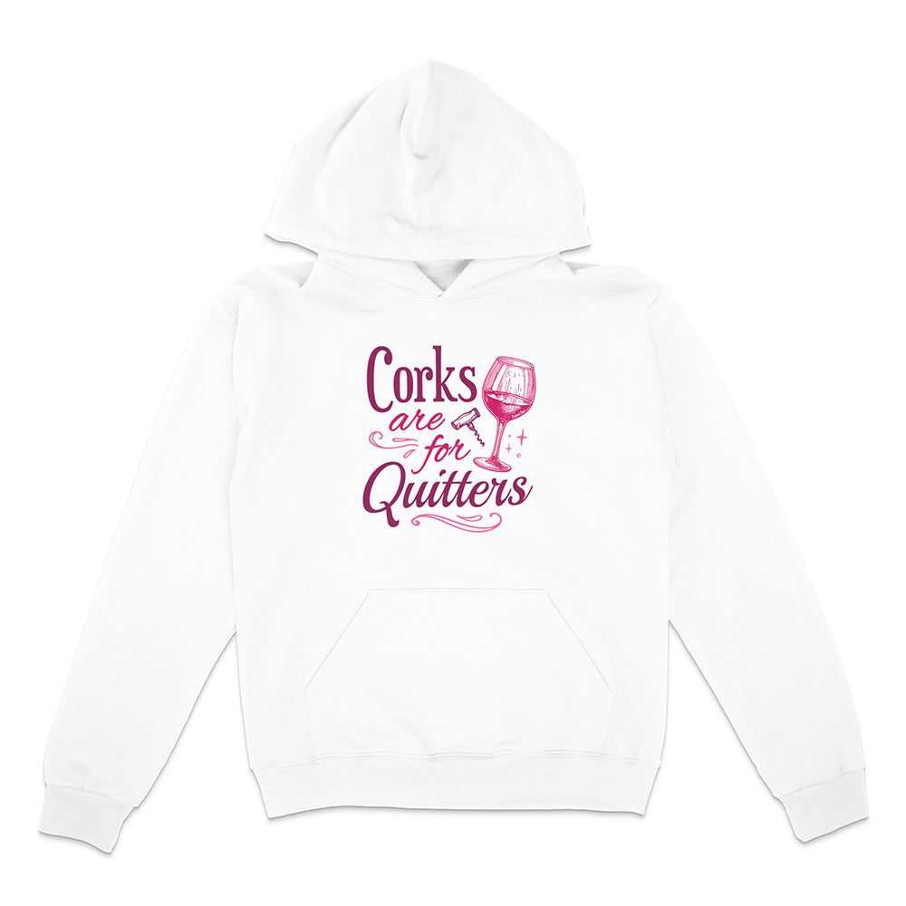 White hoodie with pink text and wine glass graphic on a white background