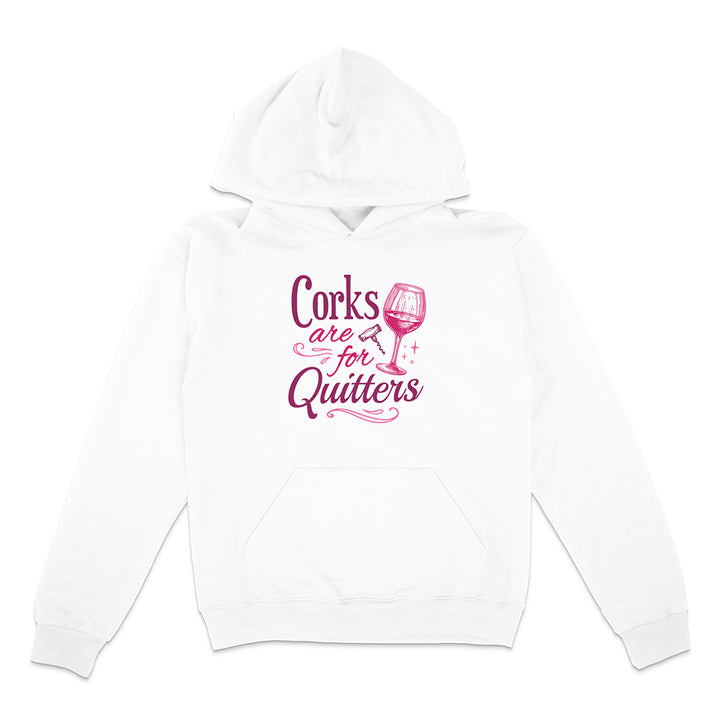 White hoodie with pink text and wine glass graphic on a white background