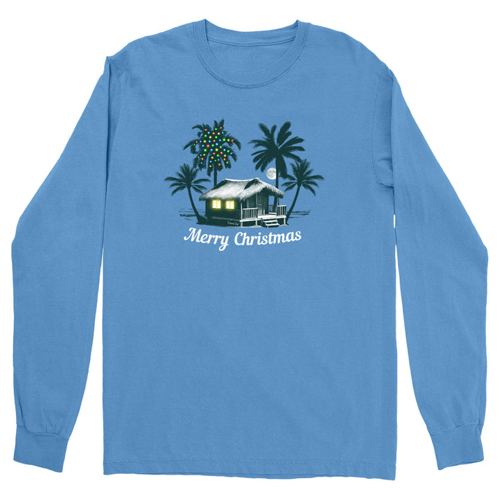 Deck the Palms: All Is Calm Long Sleeve T-Shirt. Featuring a nighttime design of a beach house by the ocean with palm trees. One of the palm trees has christmas lights on it.