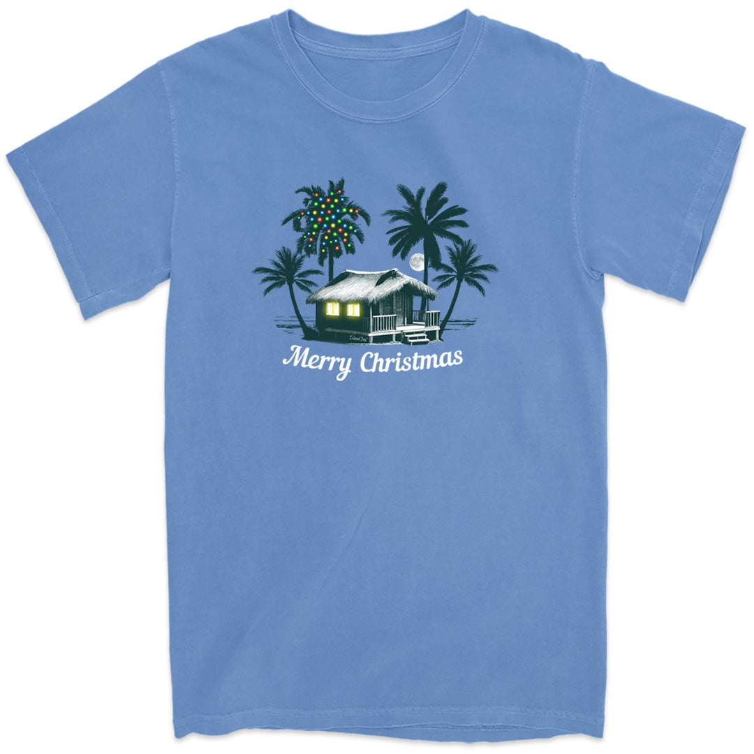 Deck the Palms: All Is Calm T-Shirt. Featuring a nighttime design of a beach house by the ocean with palm trees. One of the palm trees has christmas lights on it. 