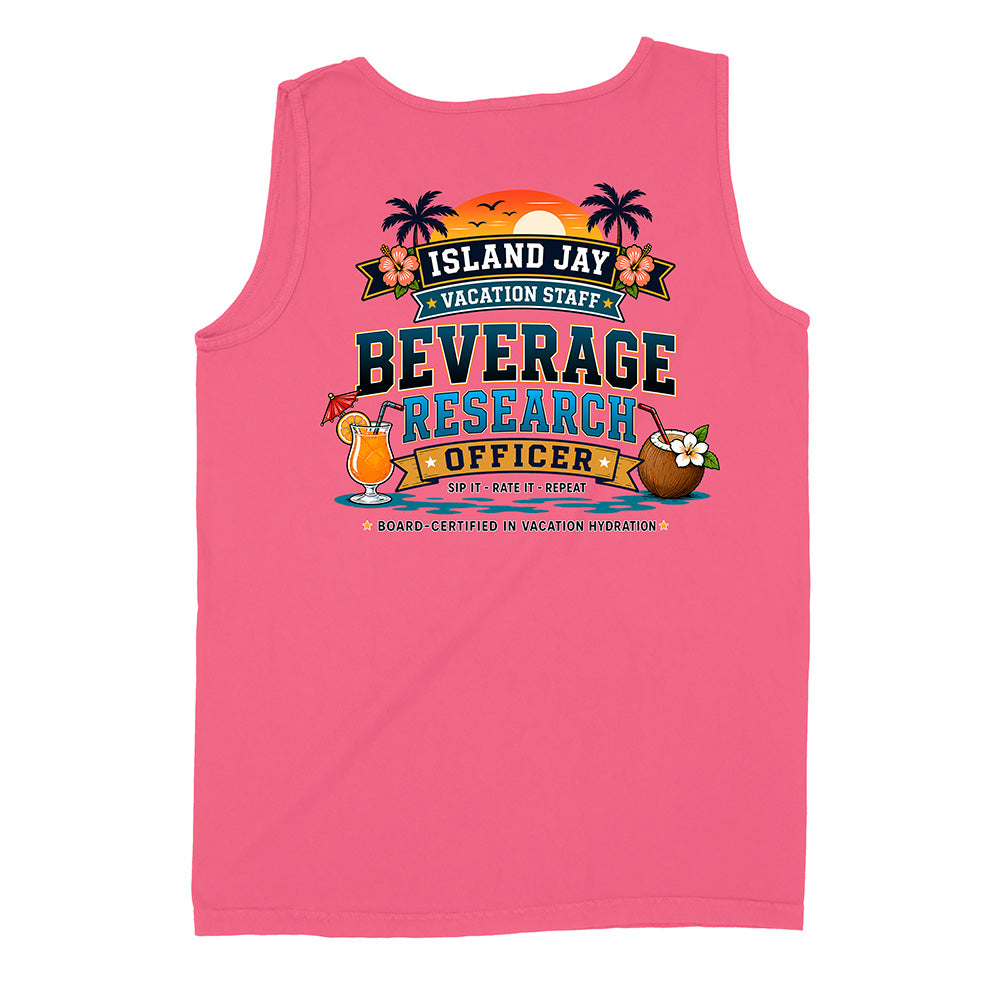 A crunchberry sleeveless tank top shown flat against a white background, featuring a colorful tropical-themed graphic on the back with the text 'ISLAND JAY VACATION STAFF BEVERAGE RESEARCH OFFICER' and illustrations of palm trees, a drink, a coconut, and a sunset.