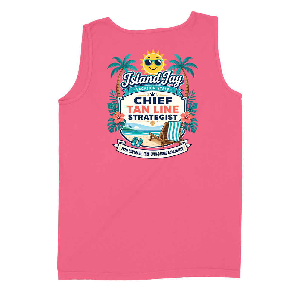A pink sleeveless tank top shown flat against a white background, featuring a colorful tropical-themed graphic on the chest that reads 'Island Jay Vacation Staff Chief Tan Line Strategist' with palm trees, a beach umbrella, and a sun.