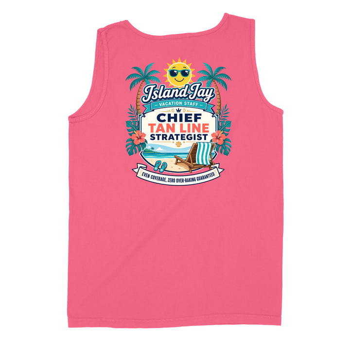 A pink sleeveless tank top shown flat against a white background, featuring a colorful tropical-themed graphic on the chest that reads 'Island Jay Vacation Staff Chief Tan Line Strategist' with palm trees, a beach umbrella, and a sun.