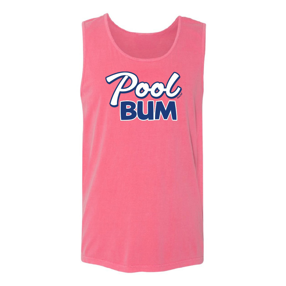 Pink tank top with 'Pool Bum' text on a white background