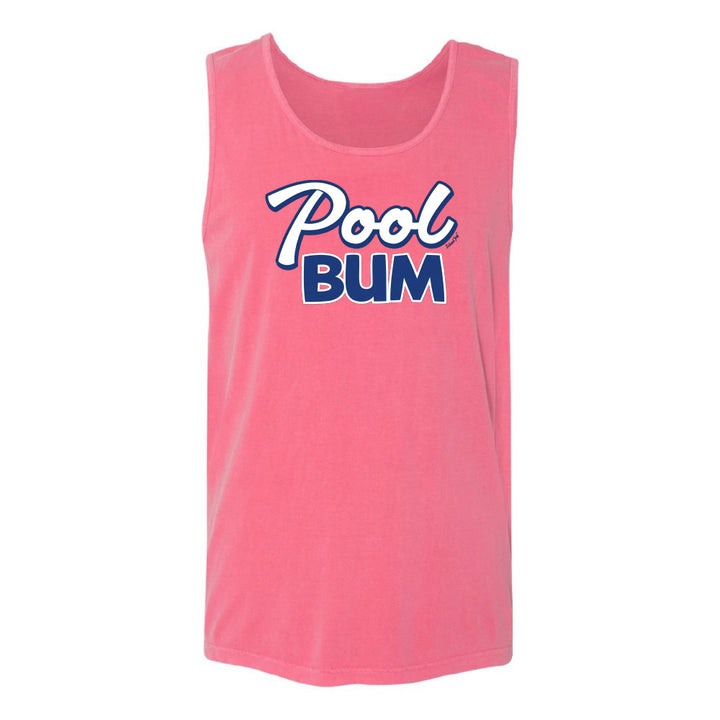 Pink tank top with 'Pool Bum' text on a white background