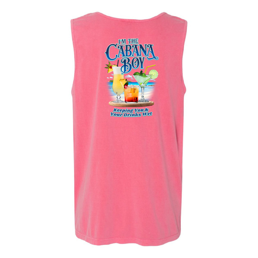 A pink sleeveless muscle tank top featuring a colorful graphic print on the front with the text 'I'M THE CABANA BOY' and 'Keeping You & Your Drinks Wet' alongside illustrations of tropical cocktails.