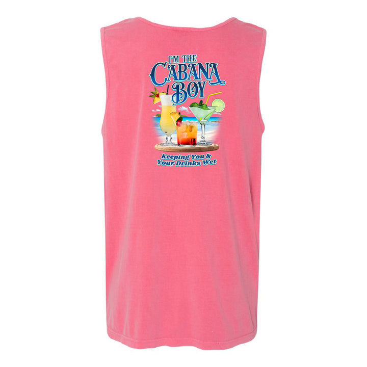 A pink sleeveless muscle tank top featuring a colorful graphic print on the front with the text 'I'M THE CABANA BOY' and 'Keeping You & Your Drinks Wet' alongside illustrations of tropical cocktails.