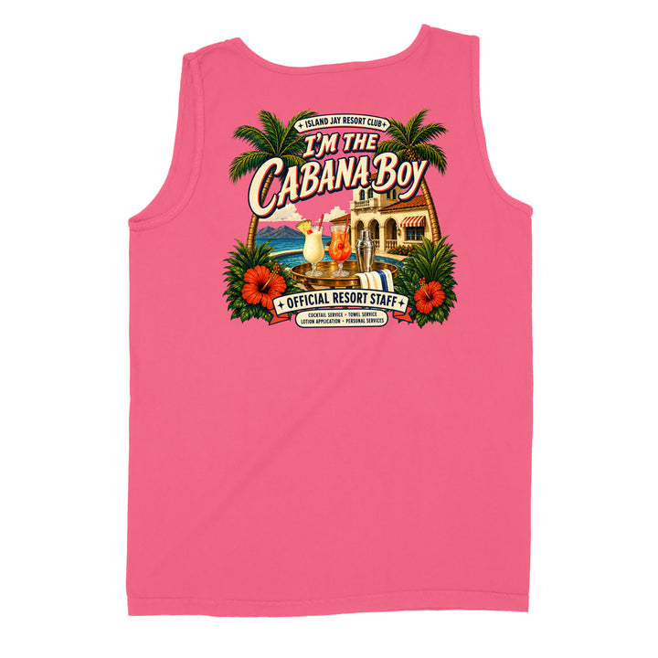 A pink sleeveless tank top with a large retro-style graphic on the front. The graphic features the text 'I'M THE CABANA BOY' with 'ISLAND JOY RESORT CLUB' above it, surrounded by palm trees, hibiscus flowers, a beach scene, and cocktail illustrations.