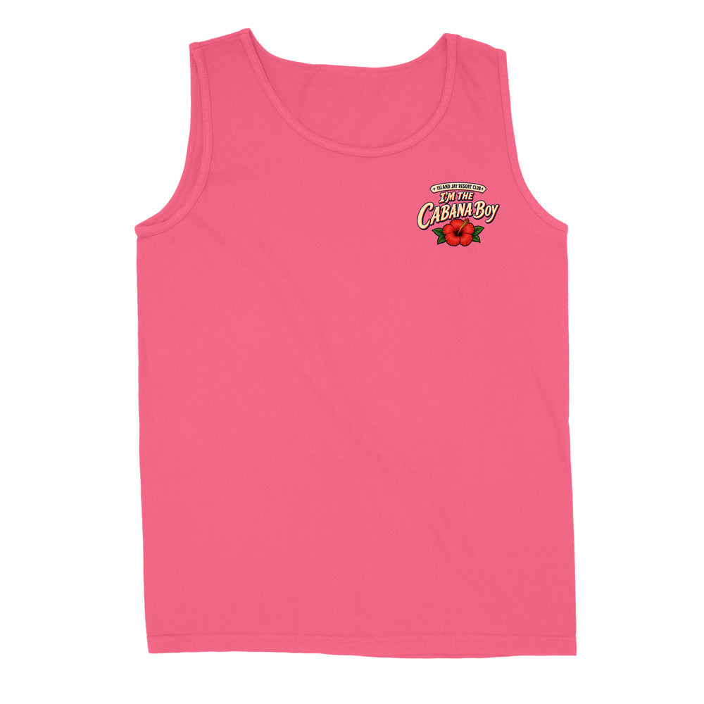 A pink sleeveless tank top with a small graphic on the left chest reading 'The Best of Cabana Bay' with red roses, shown on a plain white background.
