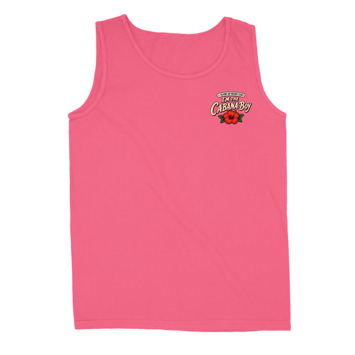A pink sleeveless tank top with a small graphic on the left chest reading 'The Best of Cabana Bay' with red roses, shown on a plain white background.