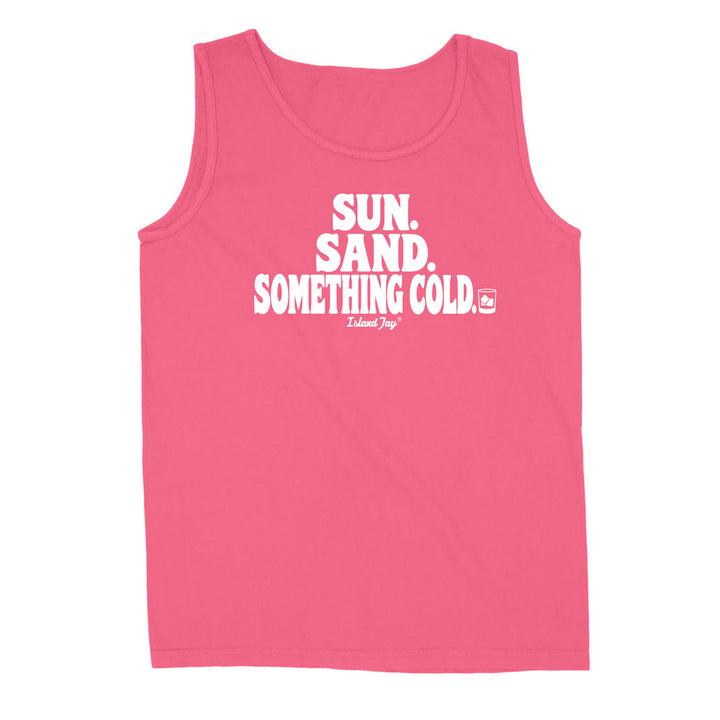 A pink sleeveless tank top with white text reading 'SUN. SAND. Something cold
