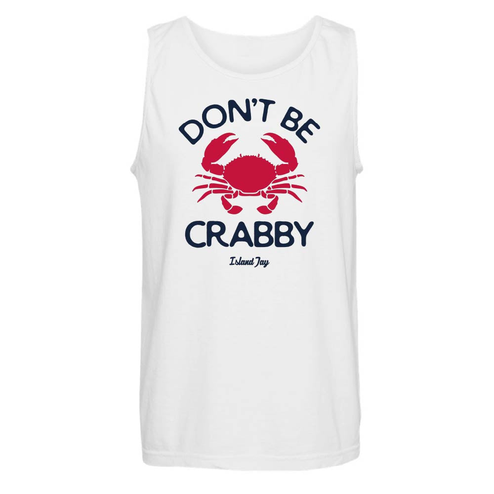 White tank top with red crab graphic and text 'Don't Be Crabby'.
