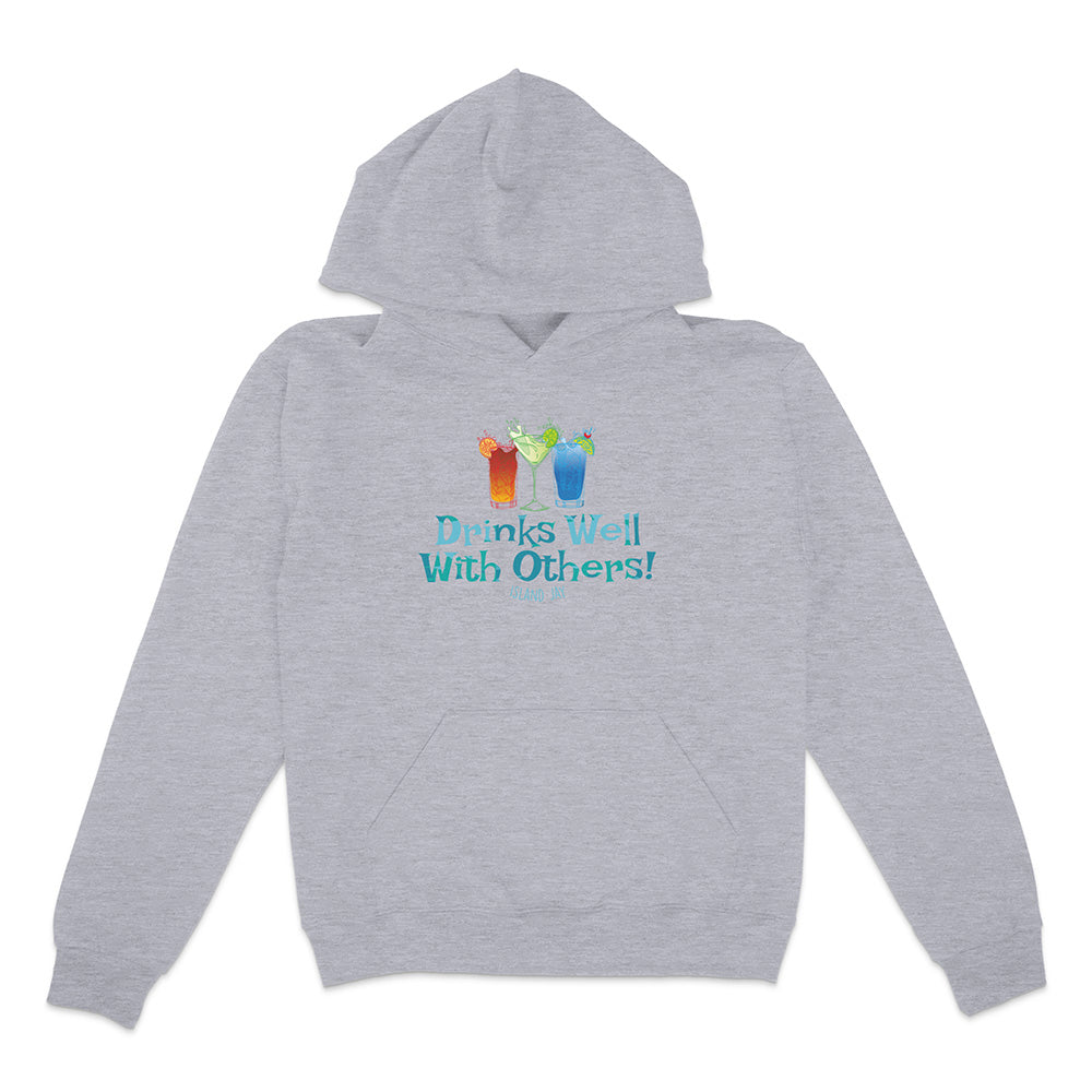Gray hoodie with colorful graphic and text 'Drinks Well With Others!' on a white background