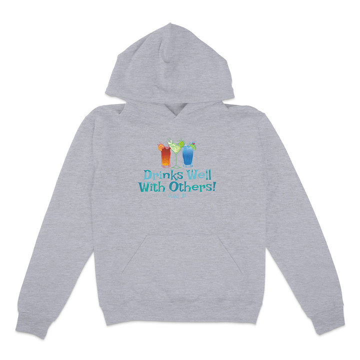 Gray hoodie with colorful graphic and text 'Drinks Well With Others!' on a white background